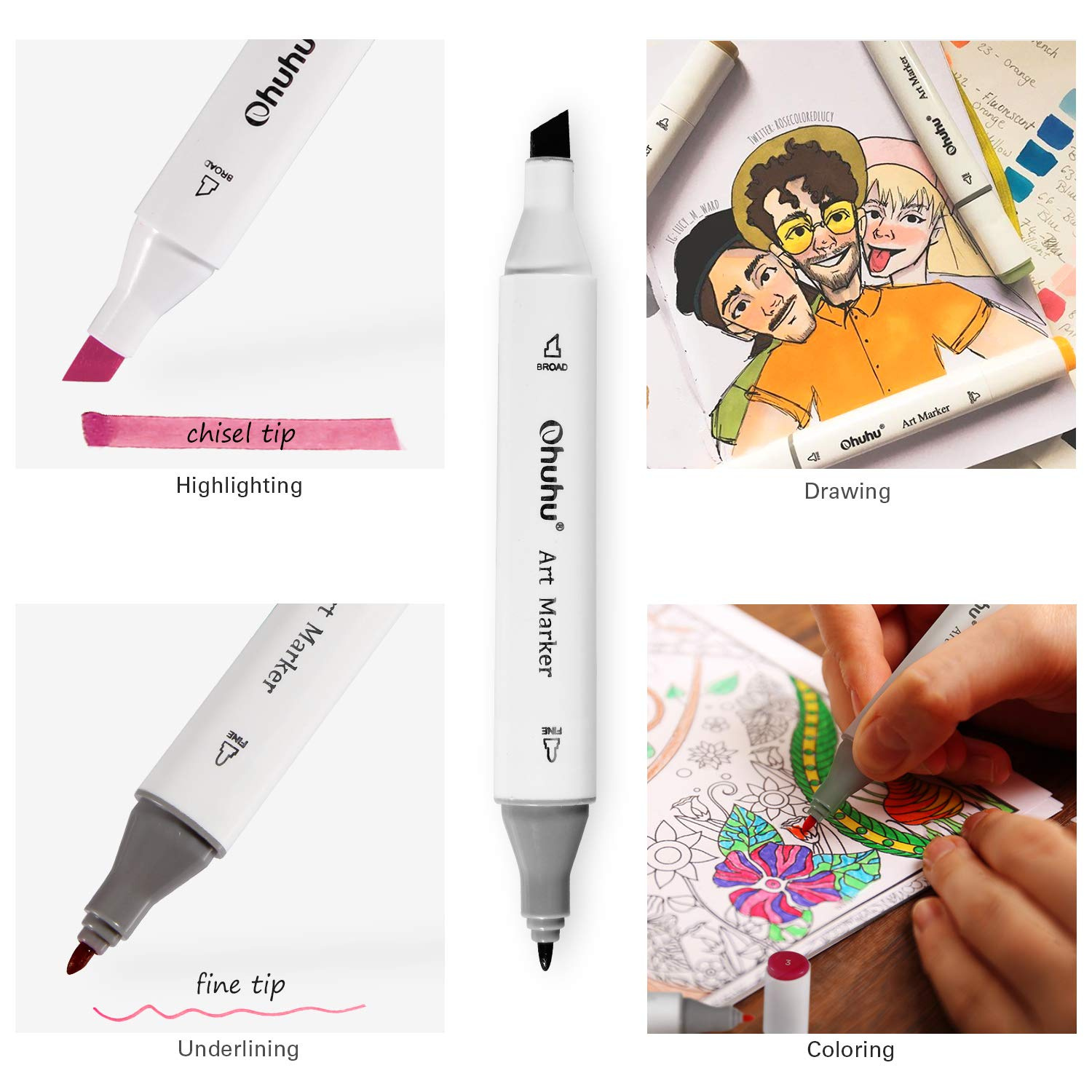 Marker Pens 30 Colors Twin Tip Markers Dual Tips Sketch Colouring Pens Highlighter Set for Painting Coloring and Underlining with Carrying Bag