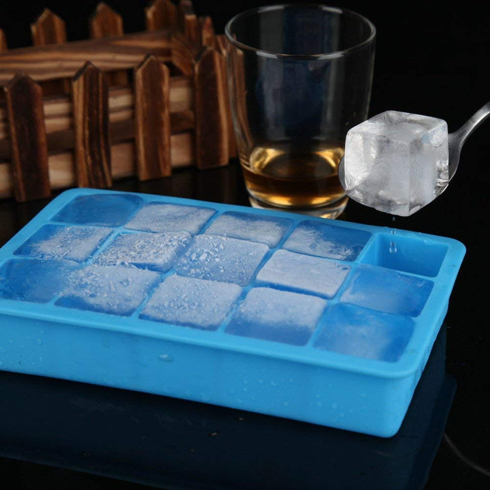 JUNGEN 15-Square Soft Silicone Ice Cube Tray,Makes Perfect Ice Cubes Keep Your Drink Cooled for Hours Blue