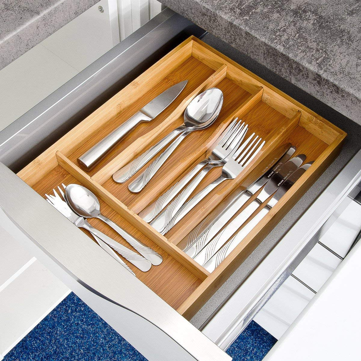 with 4 Compartments Relaxdays Kitchen Drawer Organiser 4 x 25 x 34 cm Brown Bamboo Cutlery Tray
