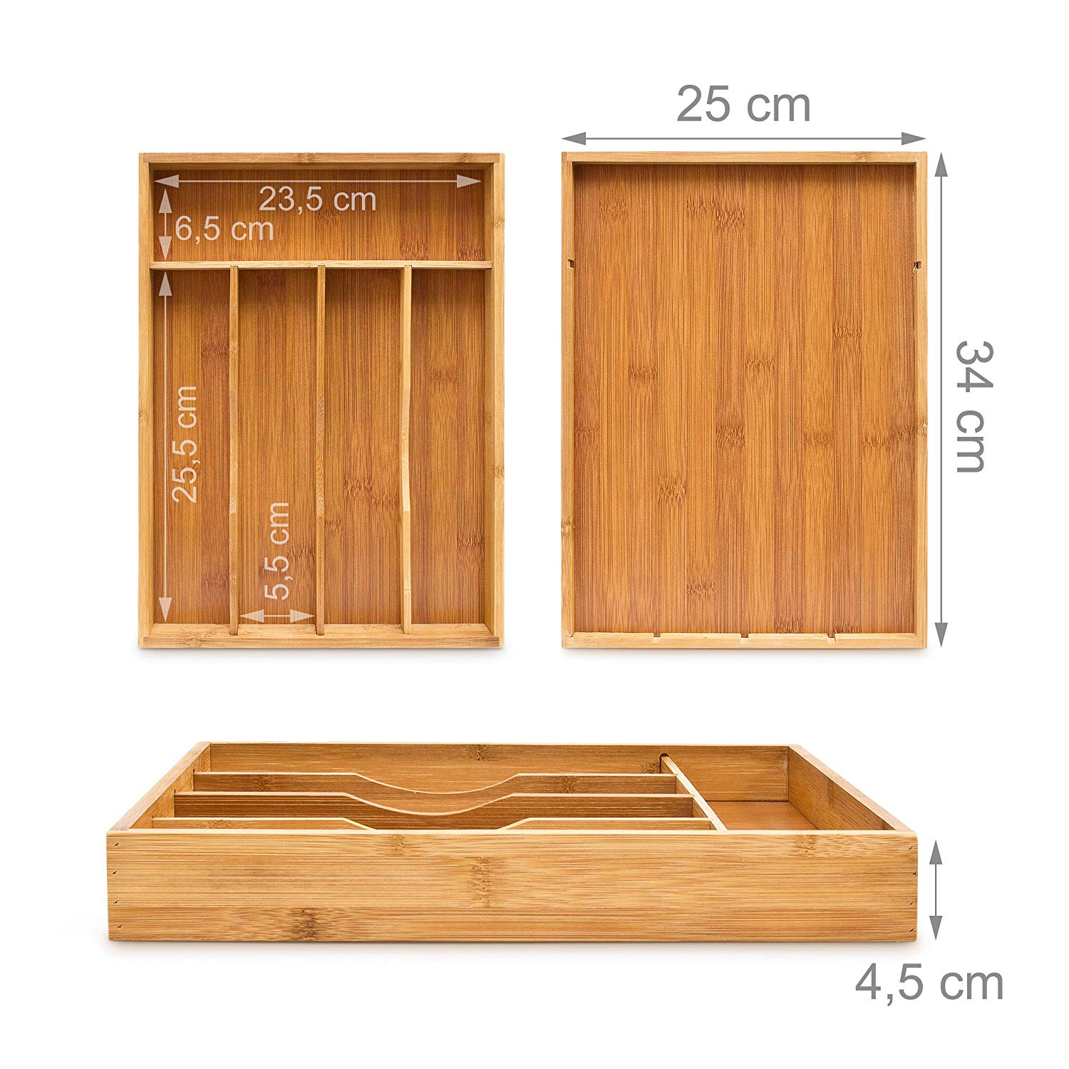 with 4 Compartments Relaxdays Kitchen Drawer Organiser 4 x 25 x 34 cm Brown Bamboo Cutlery Tray