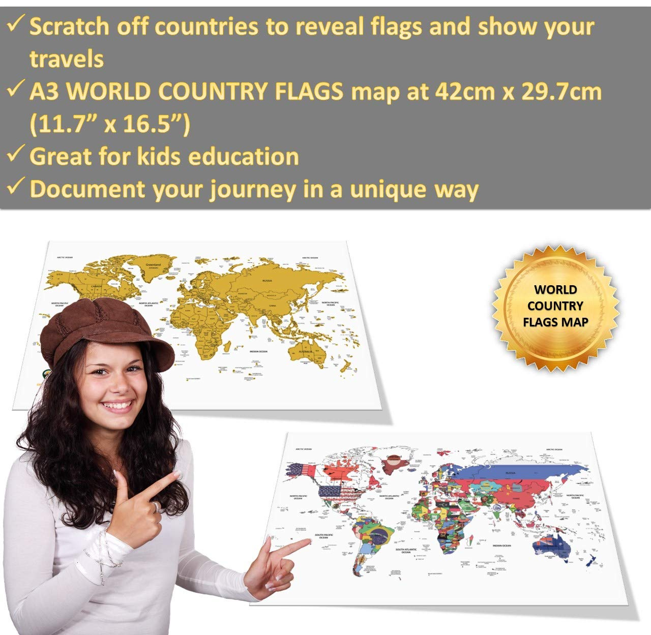 Global Walkabout Scratch Off Map with Flags background Deluxe Travel Size Map