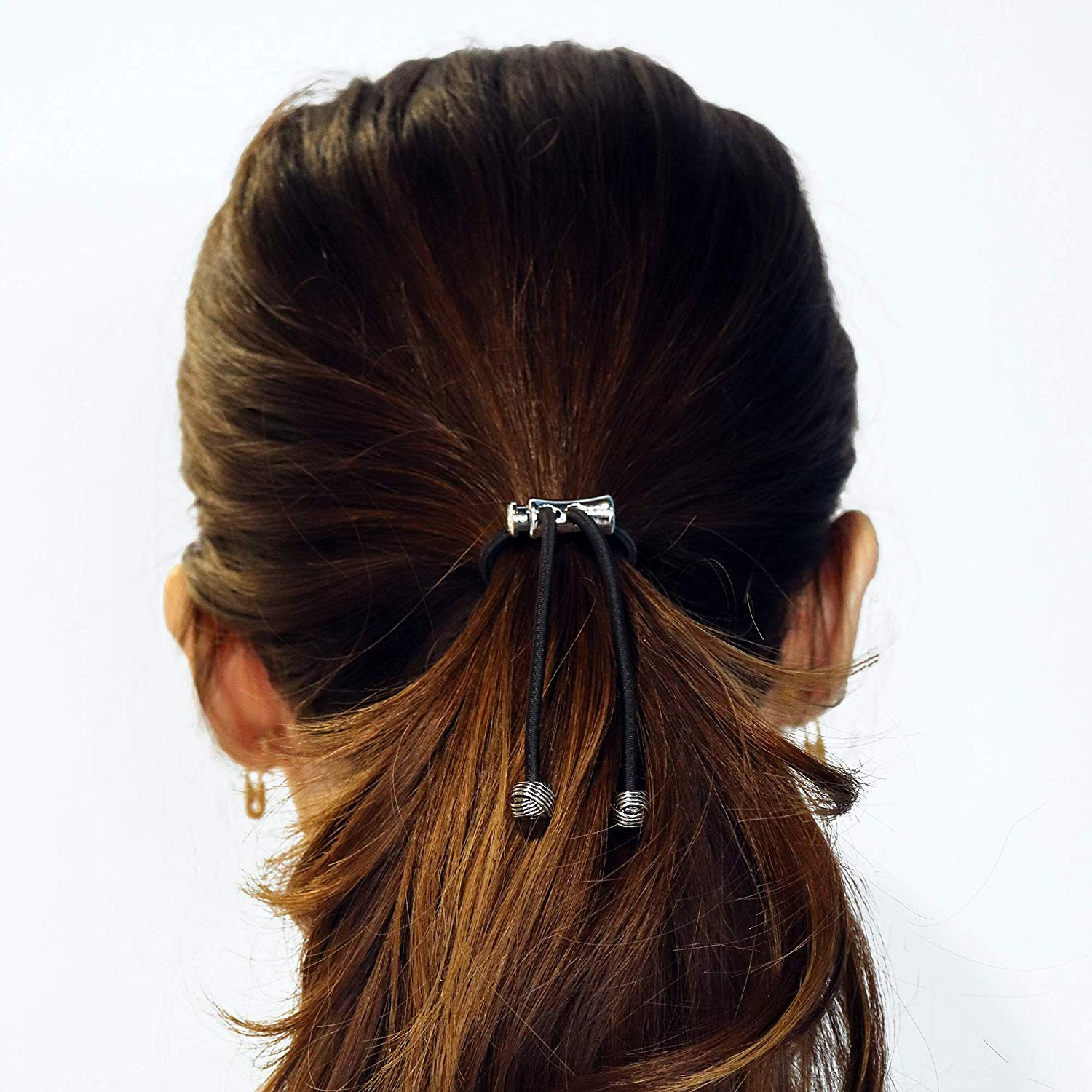 Pulleez Sliding Ponytail Holder Silver Knot Charms Black Elastic